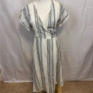 Forever 21 Striped Wrap Midi Dress Blue Cream Tie Back Size Small